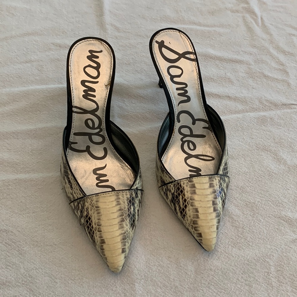 Sam Edelman snakeskin print slide-on 3 1/2” heels
